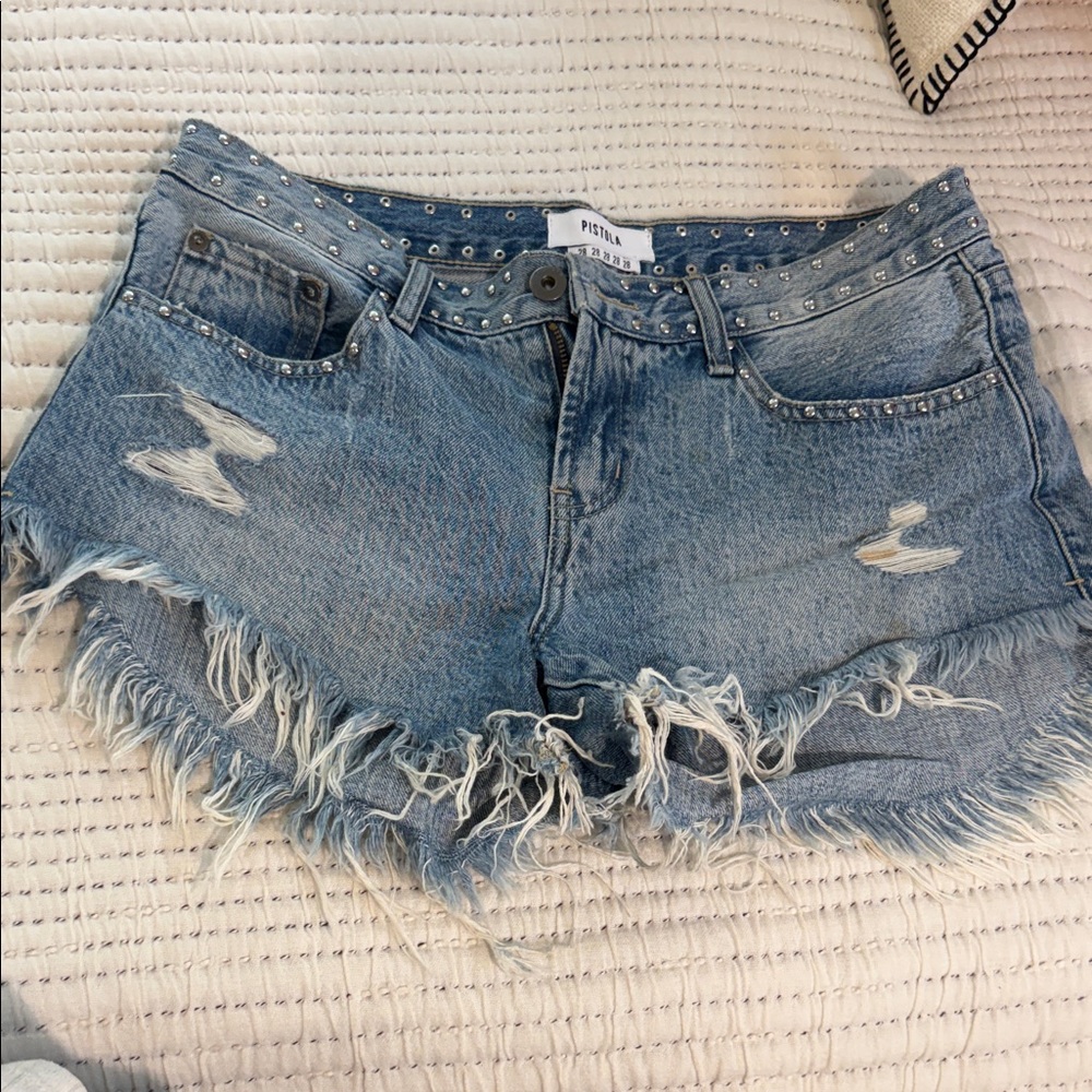 pistola Light Blue Distressed Denim Shorts with Studded Waist